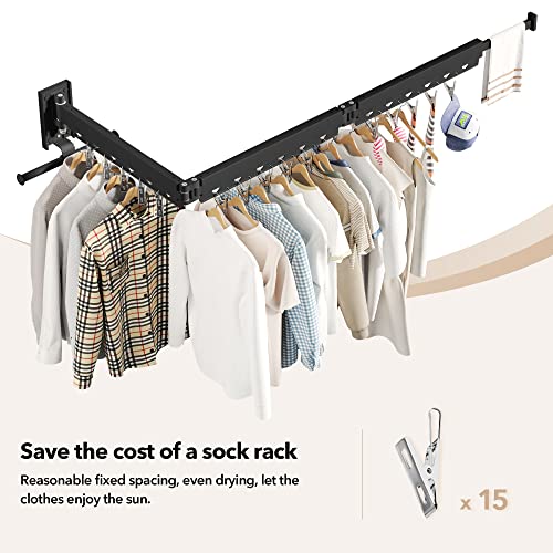 HEILAIYI Wall Mounted Clothes Hanger,Clothes Drying Rack,Laundry Drying Rack,Clothes Rack,Laundry Rack Wall Mount,Retractable Collapsible Drying Rack Clothing (Windproof Holes,with Clips),Black - size: Upgrade-Black / Holes with Clips