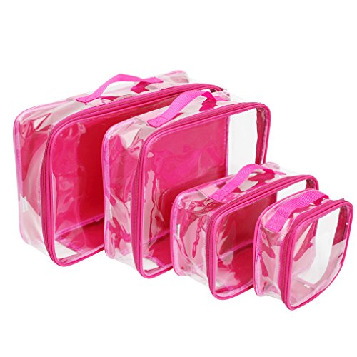 Clear Packing Cubes set of 4 / Packs 7-10 Days of Clothes/Premium PVC Plastic Storage Bags - color: Pink