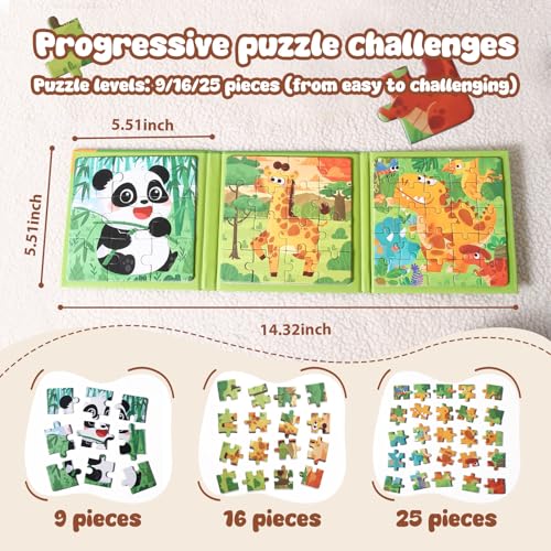Magnetic Puzzles Super Set for Kids, 6 in 1 Montessori Learning Toys with 100 Pieces, Travel Activities for Toddlers Age 3-5, Preschool Puzzle Game Bundle with Animals, Pirate Ship, Fire Truck - color: Yellow & Green