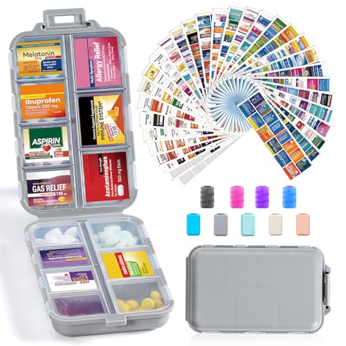 14 Grids Travel Pill Organizer Box with 415-Pcs Medicine Name Labels - Pocket Daily Pharmacy Case Container - Travel Medication Holder Dispenser Kit for Fish Oil Vitamin Supplement Storage - Grey - color: Grey, size: with Bulk Med Labels