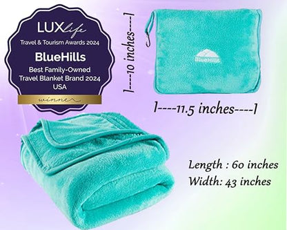 BlueHills 2-Pack Premium Soft Travel Blanket Pillow Airplane Blanket for Two in Soft Bag Pillowcase Compact Pack Large Blankets for Travel (Teal Green T012) - color: Teal-2pk-t012