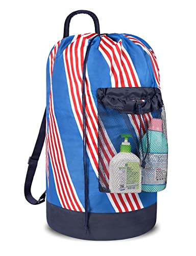Dalykate Backpack Laundry Bag with Shoulder Straps and Mesh Pocket Durable Nylon Clothes Hamper Bag with Drawstring Closure for College, Travel, Laundromat, Apartment - color: Stripe Blue