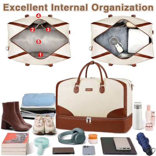 ITIEZY Weekender Overnight Bag for Women - Large Travel Duffel Bag with Shoe Compartment, Gym Duffel Bag Hospital Bag Carry On Tote Bags for Airplanes with Crossbody Bag Toiletry Bag 3Pcs Set - color: 9-Beige