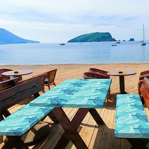 Boao 3 Pcs Vinyl Picnic Table Cover with Bench Cover 6 ft 30 x 72 Inch Waterproof Fitted Tablecloth Flannel Backing Rectangular Elastic Edged for Camping Outdoor Patio Travel(Turtle) - color: Turtle