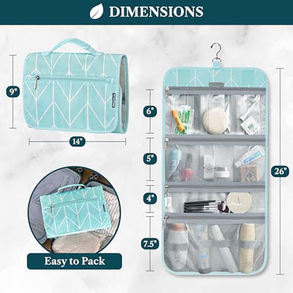 PAVILIA Hanging Toiletry Bag for Women Men, Large Foldable Toiletries Organizer with Hook, Water-Resistant Makeup Cosmetic Rollup Case, Clear Pockets for Bathroom, Gym, Cruise (Teal Chevron) - color: Teal Chevron
