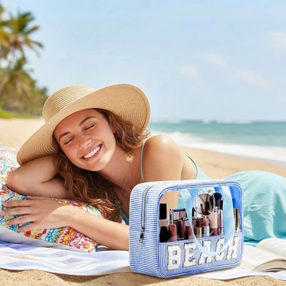 Sanwuta Seersucker Beach Bag Chenille Letter Clear Sunscreen Makeup Bag with Handle and Zipper Seersucker Stripe Preppy Women Cosmetic Pouch for Storage Travel Organizer(Blue) - color: Blue, style: Beach