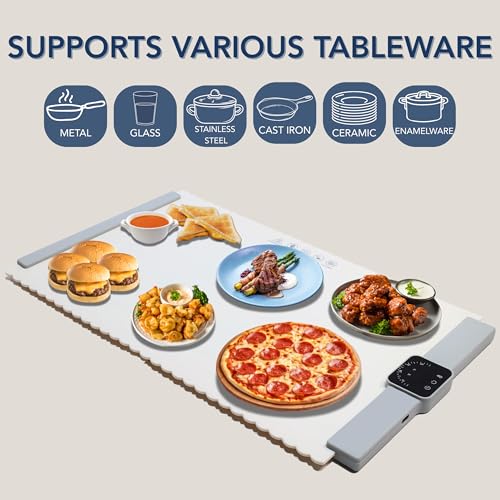 FOOD WARMING MAT, Electric Portable Silicone Warming Plate, Roll Up Heating Tray for Food, 5 Heat Levels, 24x15.7, (White)