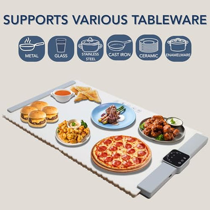 FOOD WARMING MAT, Electric Portable Silicone Warming Plate, Roll Up Heating Tray for Food, 5 Heat Levels, 24x15.7, (White)