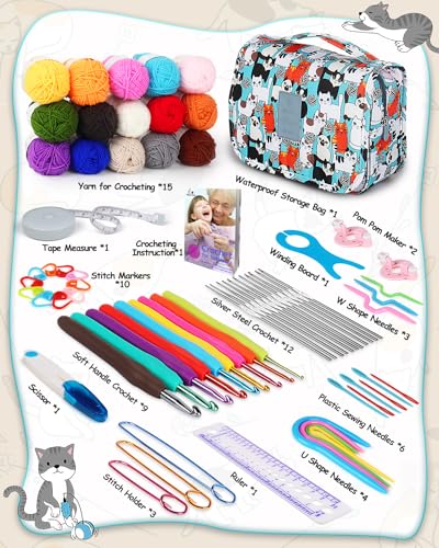 Aeelike Crochet Kit with Bag for Travel, Easy Learn to Crochet Kit for Beginners All Age,69pcs Crochet Starter Kit Include Crocheting Instruction, 21pcs Crochet Hooks,15pcs Yarn and Storage Bag - color: Blue Cat