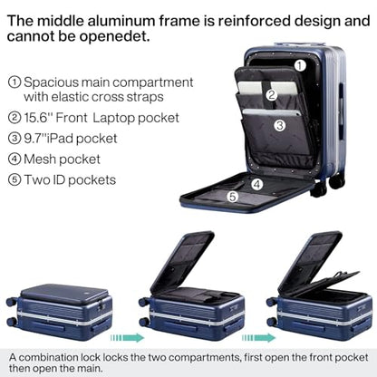 Hanke 20 Inch Carry On Luggage with Front Pocket Aluminum Frame, Hard Shell Suitcases with Wheels, Rolling Luggage, Suitcase with Lock, Travel Luggage for Weekender, Dark Blue - color: Dark Blue, size: 20 Inch Middle No Opening