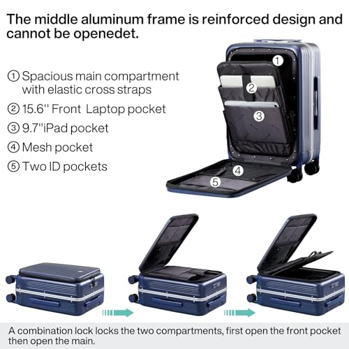 Hanke 20 Inch Carry On Luggage with Front Pocket Aluminum Frame, Hard Shell Suitcases with Wheels, Rolling Luggage, Suitcase with Lock, Travel Luggage for Weekender, Dark Blue - color: Dark Blue, size: 20 Inch Middle No Opening