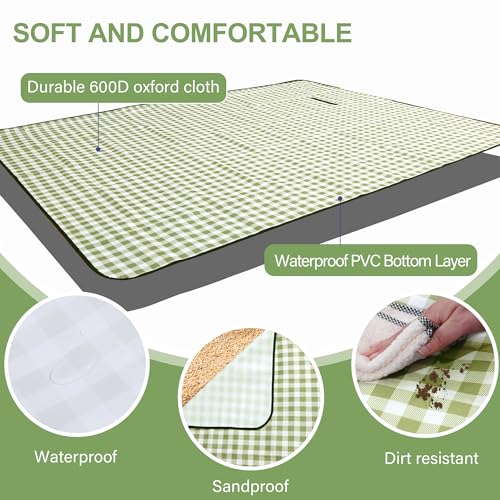HX&OD Outdoor Picnic Blanket 80"X80" Picnic Mat Extra Large Camping Blanket Beach Blanket Foldable Waterproof Sand Mat Hiking Travel Family Concerts(Green) - color: Green, size: 80”x 80”