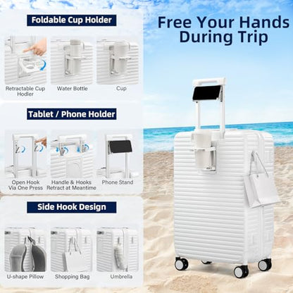 HanTrip Hard Shell Suitcases 24 Inch Check in Luggage with Spinner Wheels Cup Holder, Lightweight Top Opening Expandable Luggage Hard Case Rolling Medium Checked Suitcase with Lock, White - color: White, size: Expandable 24 Inch
