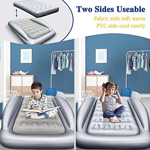 Inflatable Kids Travel Bed Toddler Air Mattress Set,Portable Blow Up Mattress Sleeping Bed Cot with Bed Rails and Electric Pump Ideal for Road Trip - color: Grey
