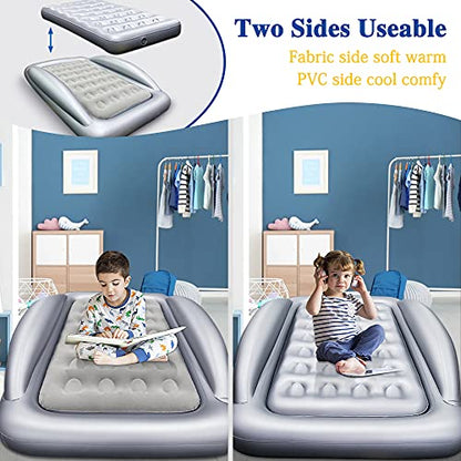 Inflatable Kids Travel Bed Toddler Air Mattress Set,Portable Blow Up Mattress Sleeping Bed Cot with Bed Rails and Electric Pump Ideal for Road Trip - color: Grey
