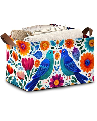 Colorful Bird Flowers Collapsible Storage Box,Mexican Style Organizer Bin with Handles for Room Decoration,Bins Book Basket Box 17x11.5x10Inch - color: Colorful Bird Flowers Mexican Style