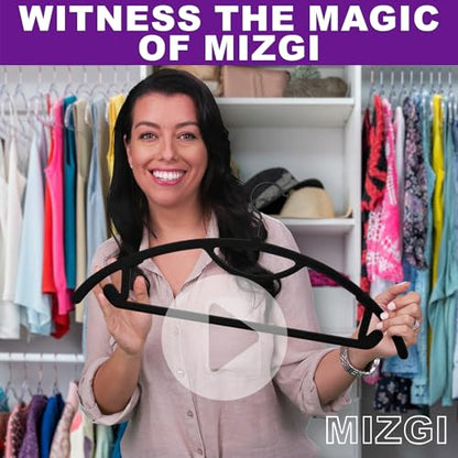 MIZGI Premium Velvet Hangers 50-Pack,No Shoulder Bump Hangers W/Tie Bar Ultra Thin Space Saving Non Slip Hanger Heavy Duty Felt Rounded Clothes Hanger for Sweaters,Coat,Jackets,Pants,Shirts - color: Black/Black Hook