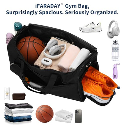 iFARADAY Men's Gym Bag with Shoes Compartment, 24 inch, Black | 52L, Multi Pockets, Sport Duffle Bag, Travel, Fitness & Workout - color: Black