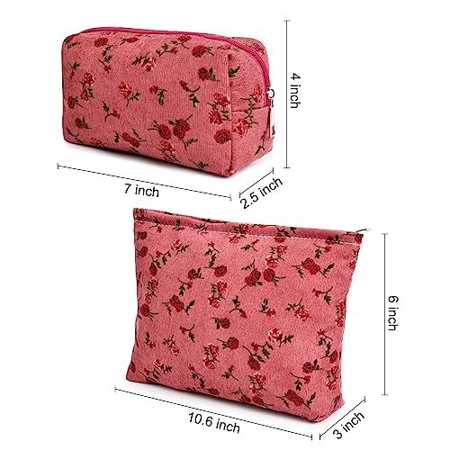 SOIDRAM 2 Pieces Rose Makeup Bag Large Cosmetic Bag Capacity Canvas Mix Travel Toiletry Bag Organizer Cute Makeup Brushes Aesthetic Accessories Storage Bag for Women, Rose Mix Green Red - color: Red Rose