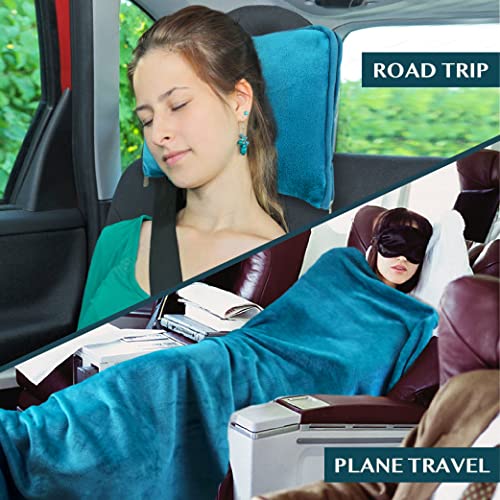 PAVILIA Travel Blanket Pillow, Soft Airplane Blanket 2-IN-1 Combo Set, Plane Blanket Compact Packable, Flight Essentials Car Pillow, Travelers Gifts Accessories Luggage Backpack Strap, 60x43 Teal Blue - color: Teal Blue
