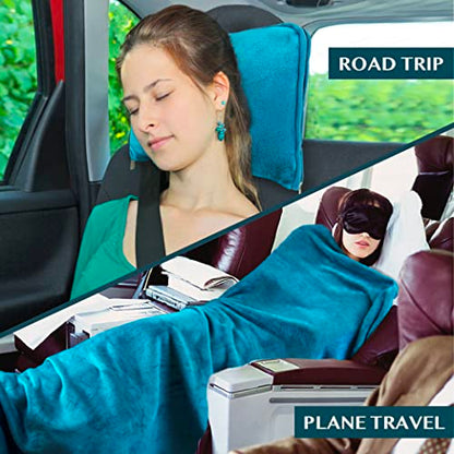 PAVILIA Travel Blanket Pillow, Soft Airplane Blanket 2-IN-1 Combo Set, Plane Blanket Compact Packable, Flight Essentials Car Pillow, Travelers Gifts Accessories Luggage Backpack Strap, 60x43 Teal Blue - color: Teal Blue
