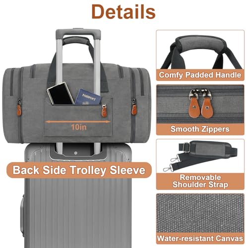 Canvas Mens Duffle Bag for Travel - Expandable 50L Weekender Bags with Toiletry Bag, Overnight Bag Travel Duffel Carry On Luggage with Removable Shoulder Strap, Durable & Water-Resistant - color: 3-Grey