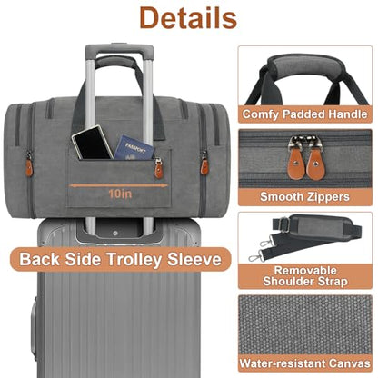 Canvas Mens Duffle Bag for Travel - Expandable 50L Weekender Bags with Toiletry Bag, Overnight Bag Travel Duffel Carry On Luggage with Removable Shoulder Strap, Durable & Water-Resistant - color: 3-Grey