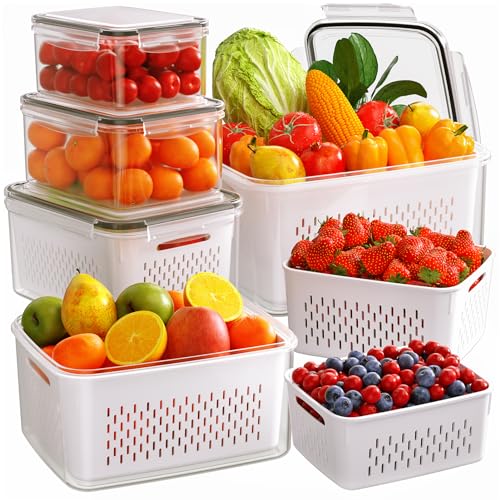 6 PCS Fruit Storage Containers for Fridge with Removable Colanders, 6 Plastic Food Storage Containers with 6 Lids, Leakproof Produce Containers Keep Fruits, Vegetables, Berry, Meat Fresh Longer - color: 6P white