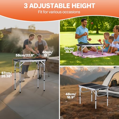 FUNYKICH 2ft Small Folding Camping Table(L22.8'' xW15.7''), 3 Height Adjustable Portable Picnic Table, Lightweight Aluminum Outdoor Tables with Carry Handle for Camping, Picnic, Silver - size: 22.8''x 15.7''x26.4''(Silver)