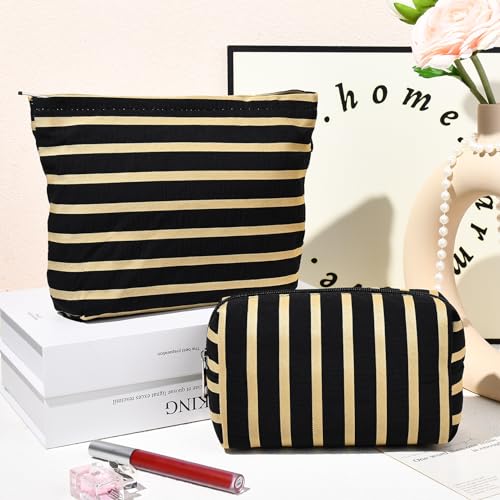 SOIDRAM 2 Pieces Makeup Bag Large Stripe Cosmetic Bag Capacity Canvas Mix Travel Toiletry Bag Organizer Cute Makeup Brushes Aesthetic Accessories Storage Bag for Women, Stripe Mix Black - color: Black Stripe