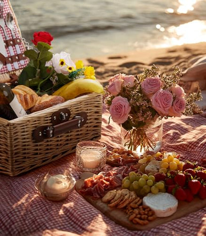 Picnic Basket for 2 with Lid and Handle Waterproof Picnic Blanket, Wicker Picnic Set Kit with Cooler for Beach, Insulated Picnic Baskets, Bridal Shower Gift Wedding Gifts with Mr Mrs Wine Glasses - color: Wedding Gift Style Red and White