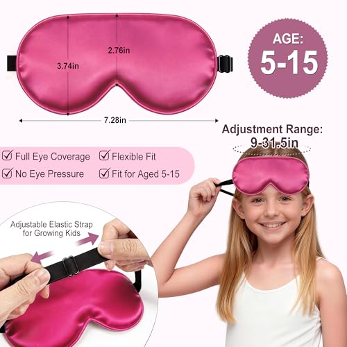 Kids Sleep Mask, Kids Eye Mask for Boys Girls, Kid Silk Eye Masks with Adjustable Strap for Sleeping, 100% Light-Blocking Sleep Eye Cover, Includes Protective Laundry Bag (Rose red) - color: Rose Red