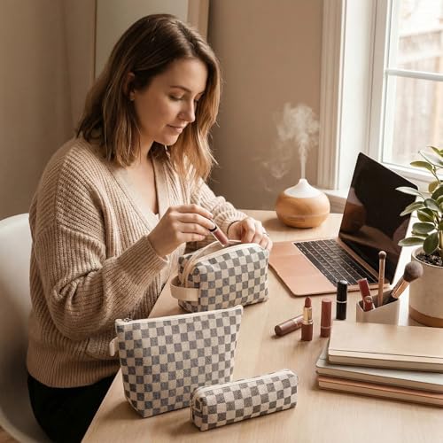 3 Pcs Canvas Makeup Bag Set Checkered Cosmetic Pouch for Women Travel Toiletry Bag Cute Makeup Organizer Purse Pouch Preppy Pencil Case with Zipper (Checkered Black) - color: Checkered Black