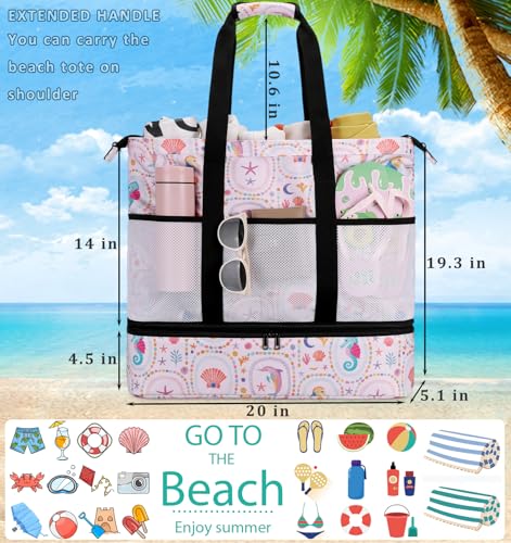 JIANYA Beach Bag Women Waterproof Sandproof Beach Tote Bags with Cooler Top Zipper Large Totes for Pool Travel Daily - color: Ocean Party-pink