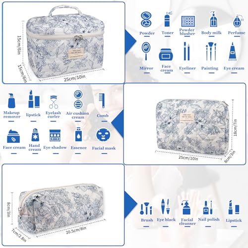 Gosect Quilted Makeup Bag Set, Large Floral Cosmetic Bag for Women, Cute Cotton Makeup Bag, Flower Travel Toiletry Organizer Bag. (Navy Blue) - color: Navy Blue