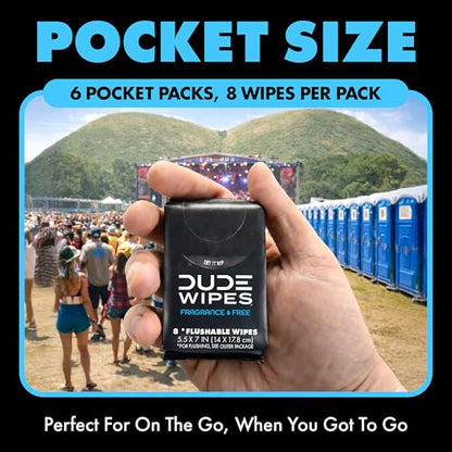 DUDE Wipes Unscented Pocket Packs - Travel Wipes - 6 Packs of 8 (48 Count) - On-The-Go Adult Flushable Wipes for Sensitive Skin - Infused with Vitamin E and Aloe - Septic and Sewer Safe - size: 8 Count (Pack of 6)