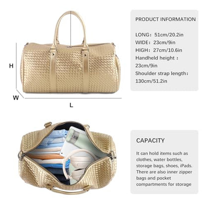Weekender Bags for Women Woven Leather Travel Duffle Bag with Shoe Compartment, Carry On Garment Bag for Men Women, Large Capacity Water-resistant Gym Tote (Gold) - color: Gold