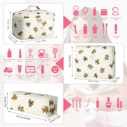 3PCS Coquette Makeup Bag,Quilted Cosmetic Bag Large Make Up Bag Set,Quilted Portable Toiletry Organizer Bag,Cotton Travel Skincare Bag for Women Girls (03-Brown Bear) - style: 03-brown Bear