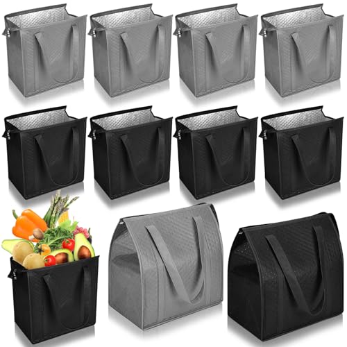 10 Pack Large Insulated Grocery Bags Reusable Shopping Bags with Zippered Top 13 x 12 x 7 Inch Thermal Cooler Totes Bulk with Handles for Hot Cold Food Delivery Refrigerator (Grey,Black) - color: Grey,Black