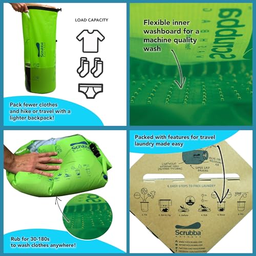 Scrubba Portable Wash Bag Kit (5 Pieces) – Hand Washing Machine System for Hotel, Hiking & Travel Wash – Light and Small Eco-friendly Camping Laundry Bag, Green, Regular Size