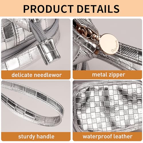 Abiudeng Large Capacity Makeup Bag Ladies Cosmetic Bag Travel Bag with Compartments Portable PU Leather Travel Makeup Bag with Handle - color: Checkerboard-Silver