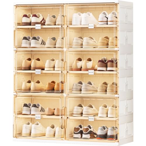 JEKO&JEKO 6 Tiers Foldable Shoe Rack Organizer Cabinet for Closet Entryway, Large Collapsible Shoe Storage Box with Magnetic Doors Fits Up to 24 Pairs (White) - color: Double-row, size: 6 Tiers (Standard Tiers Only)