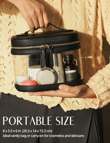 Popvibe Clear Makeup Bag Travel Cosmetic Case Transparent Toiletry Bag with Zipper, Portable Make Up Organizer Traveling Compact Car Bag for Essentials - color: Black, style: Train Case