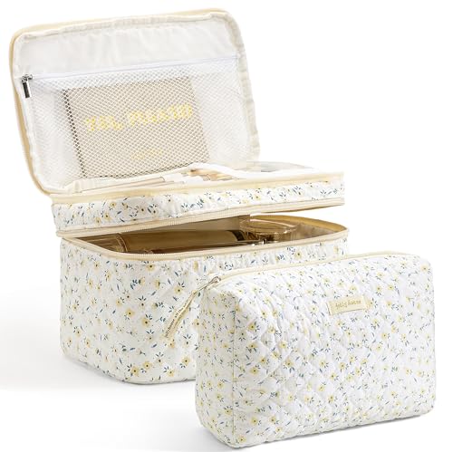 HBselect 2Pcs Travel Makeup Bag, Large Cotton Quilted Makeup Bag Cosmetic Bag Cute Make up Bag Toiletry Bags for Women Girls - color: 2PCS-YELLOWFLOWER