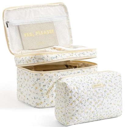 HBselect 2Pcs Travel Makeup Bag, Large Cotton Quilted Makeup Bag Cosmetic Bag Cute Make up Bag Toiletry Bags for Women Girls - color: 2PCS-YELLOWFLOWER