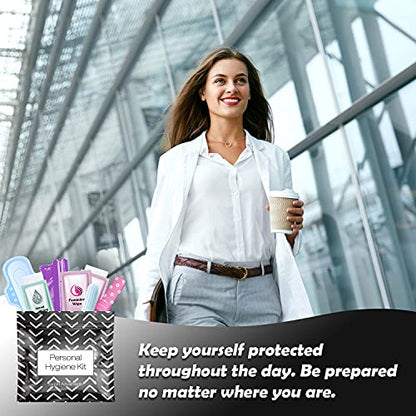 Menstrual Kit All-in-One | Convenience on The Go | Single Period Kit Pack for Travelling, Tweens & Teenagers | Individually Wrapped Feminine Hygiene Products (Black Treads) - color: Black Treads