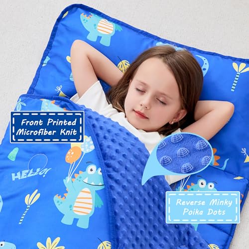 Lasoftan Toddler Nap Mat with Pillow and Blanket, Extra Large Rolled Napping Mats,Slumber Bags for Boys Girls,Kids Sleeping Bag for Daycare, Preschool Travel Camping - color: Blue Dinosaurs