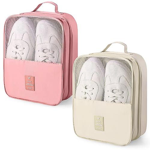 Windyun 2 Pcs Shoe Bags for Travel Holds 3 Pair of Shoes Travel Shoe Bag for Packing Portable Shoe Cubes for Travel and Daily Use(Pink, Beige) - color: Pink, Beige