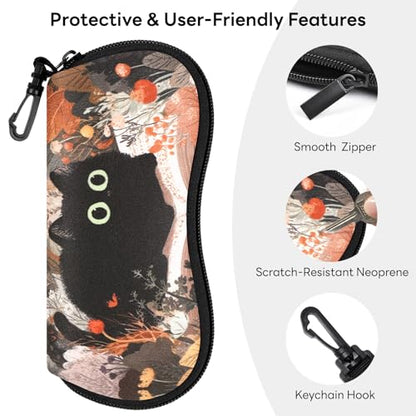 Sunglasses Case with Belt Clip, Ultra Light Neoprene Zipper Soft Padded Glasses Case for Women Men - color: Cute Black Kitty