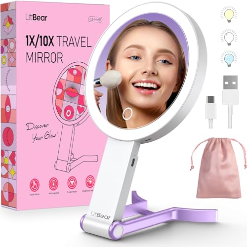 LitBear Travel Makeup Mirror with Light, Rechargeable Double-Sided 10X/1X Magnifying Mirror, Portable Lighted Beauty Mirror, 3 Color Lighting, Dimmable Touch Screen, Tabletop Handhold Hanging (Purple) - color: Purple